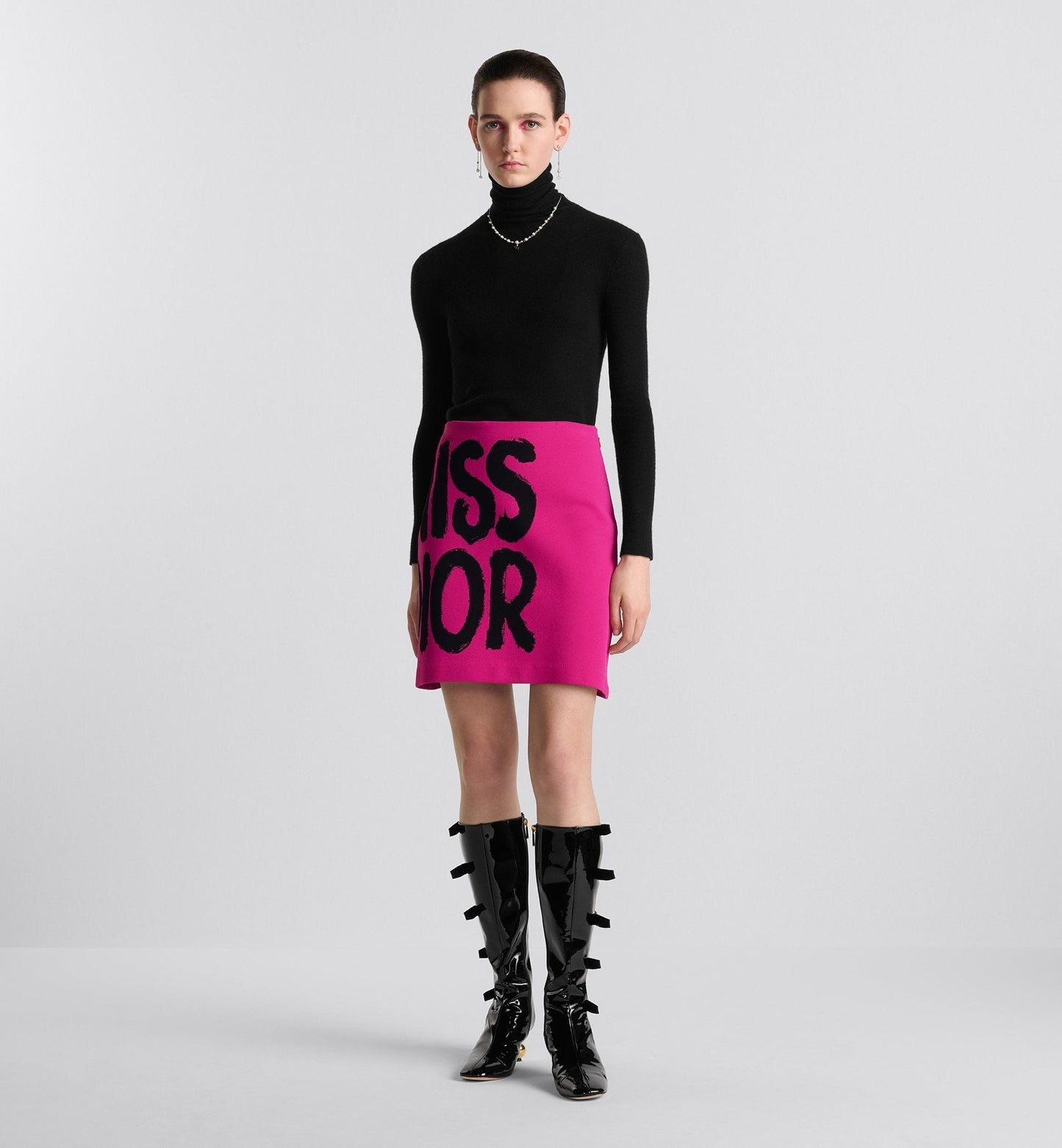 Flared Miniskirt Fuchsia Technical Knit With Black Miss Luxury Dior Graffiti Motif