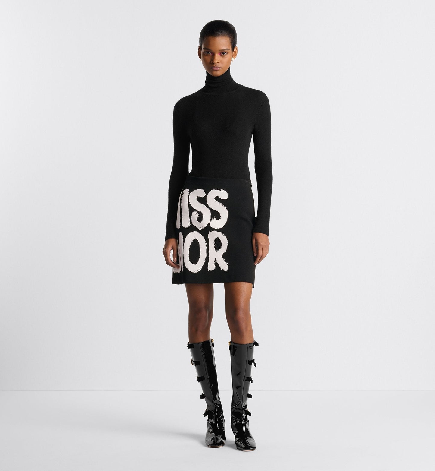 Flared Miniskirt Black Technical Knit With White Miss Luxury Dior Graffiti Motif
