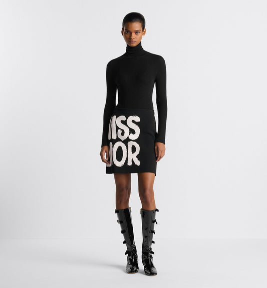 Flared Miniskirt Black Technical Knit With White Miss Luxury Dior Graffiti Motif
