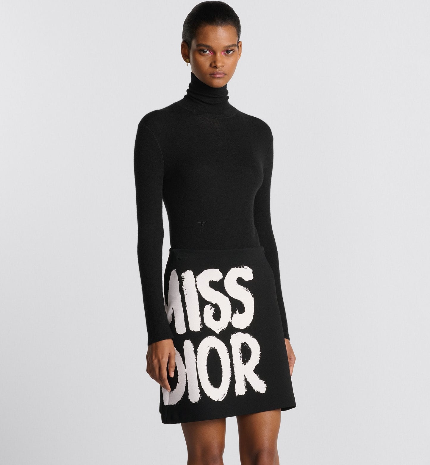 Flared Miniskirt Black Technical Knit With White Miss Luxury Dior Graffiti Motif