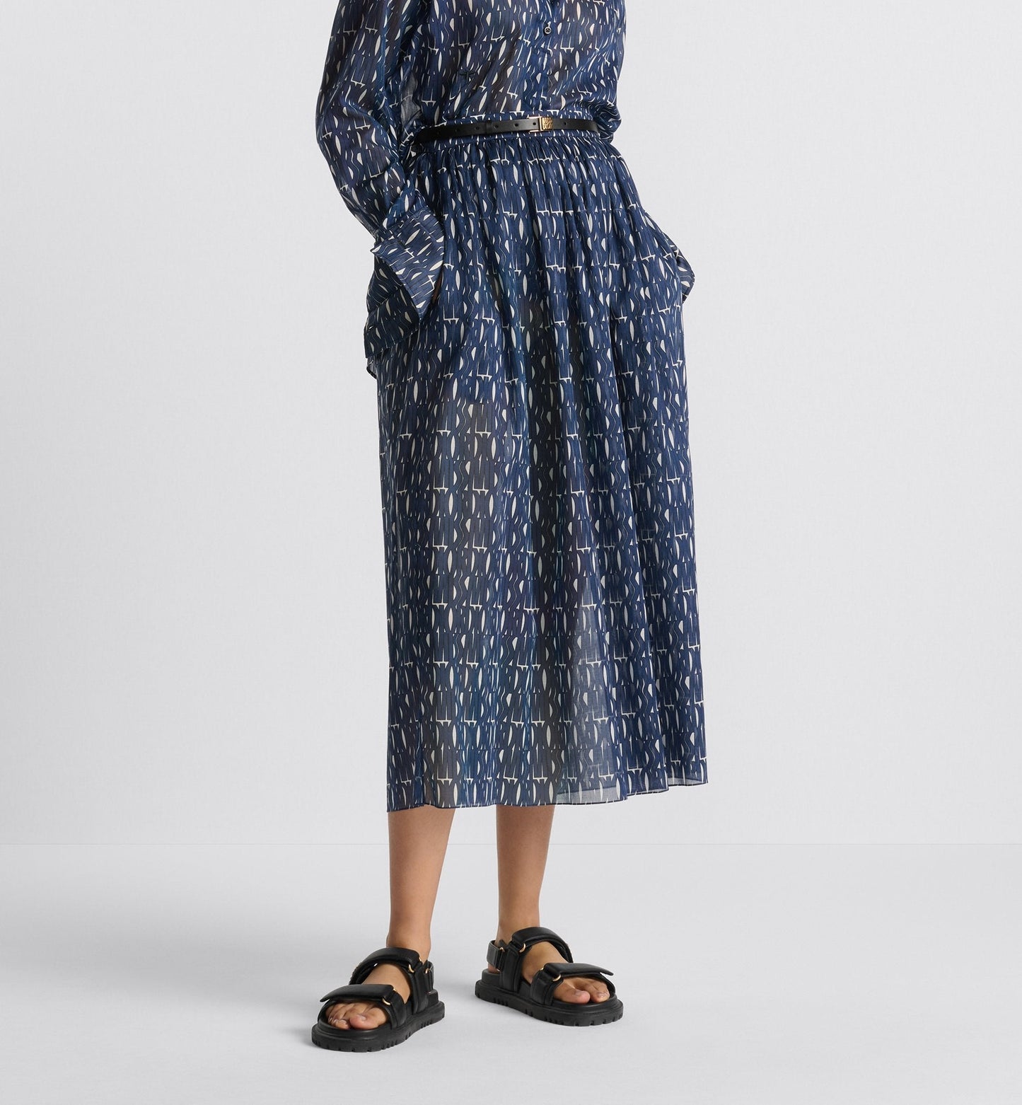 Pleated Mid Length Skirt White Cotton Muslin With Navy Blue Miss Luxury Dior Allover Motif