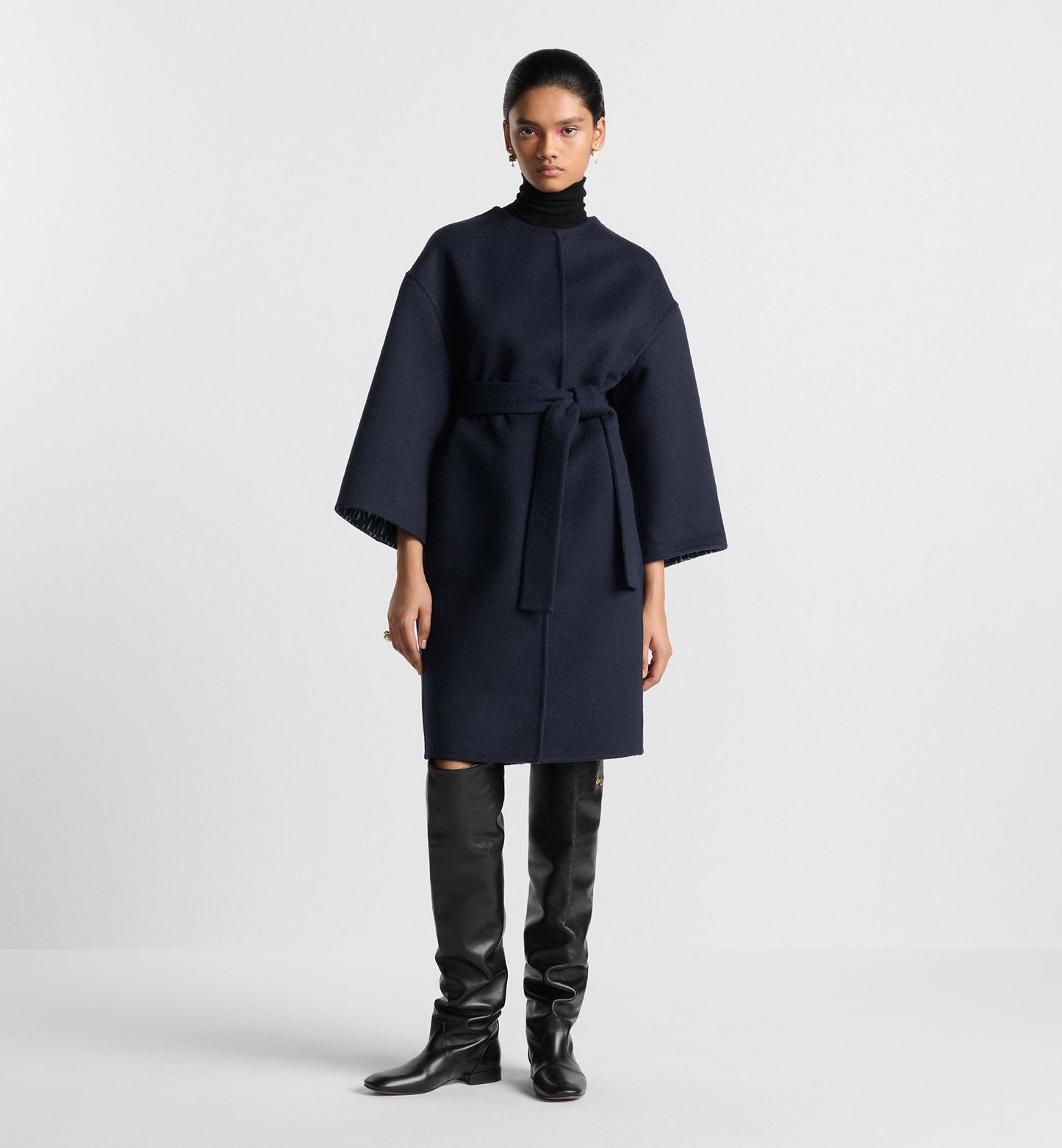 Coat With Belt Navy Blue Double Sided Virgin Wool And Silk With Miss Luxury Dior Allover Interior