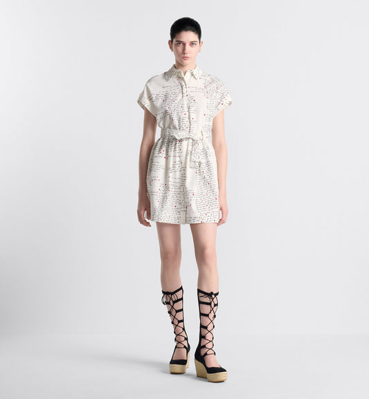 Luxury Dioramour Belted Shirtdress White Cotton And Silk Poplin With Black And Red Je Vous Adore Motif