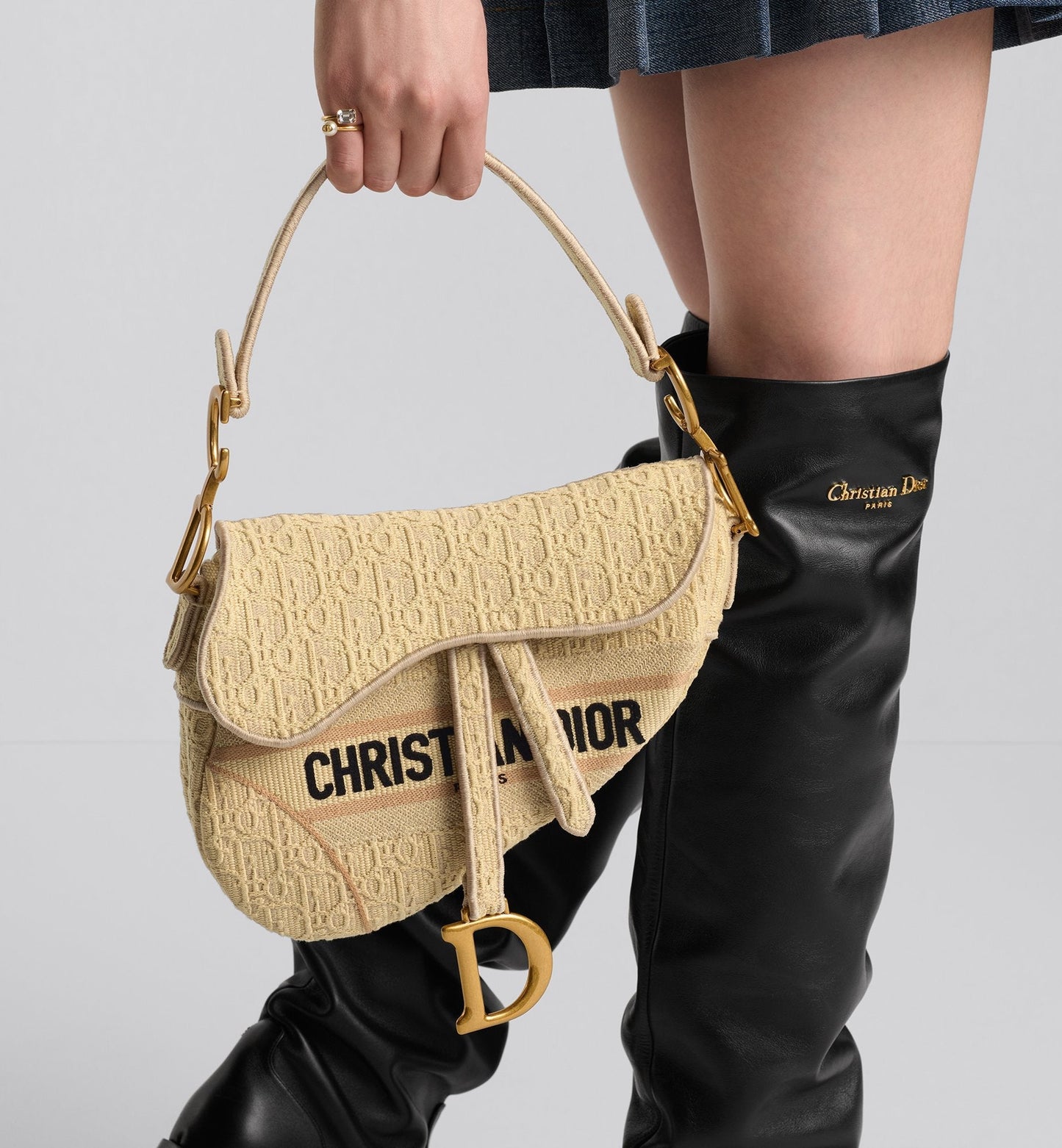 Saddle Bag Beige Luxury Dior Oblique Embroidered Raffia