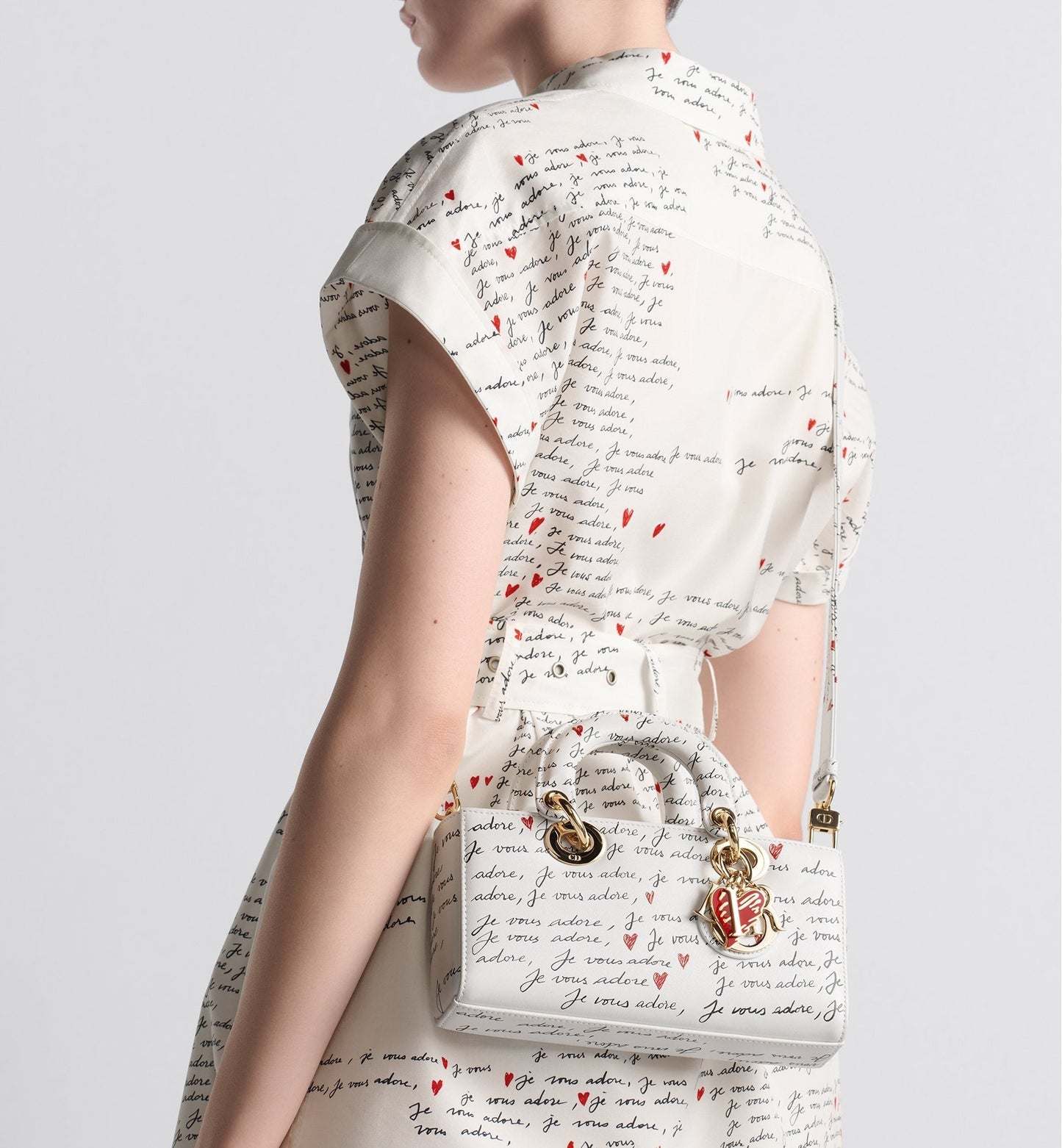 Luxury Dioramour Small Lady D-Joy Bag White Calfskin With Black And Red Je Vous Adore Print