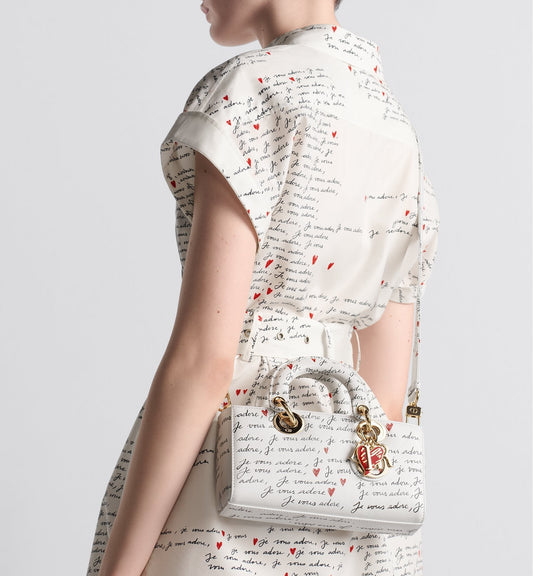 Luxury Dioramour Small Lady D-Joy Bag White Calfskin With Black And Red Je Vous Adore Print