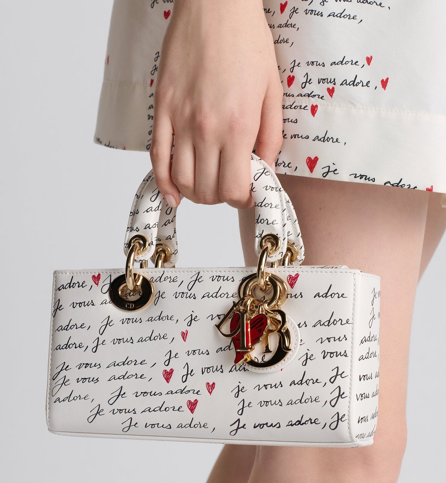 Luxury Dioramour Small Lady D-Joy Bag White Calfskin With Black And Red Je Vous Adore Print