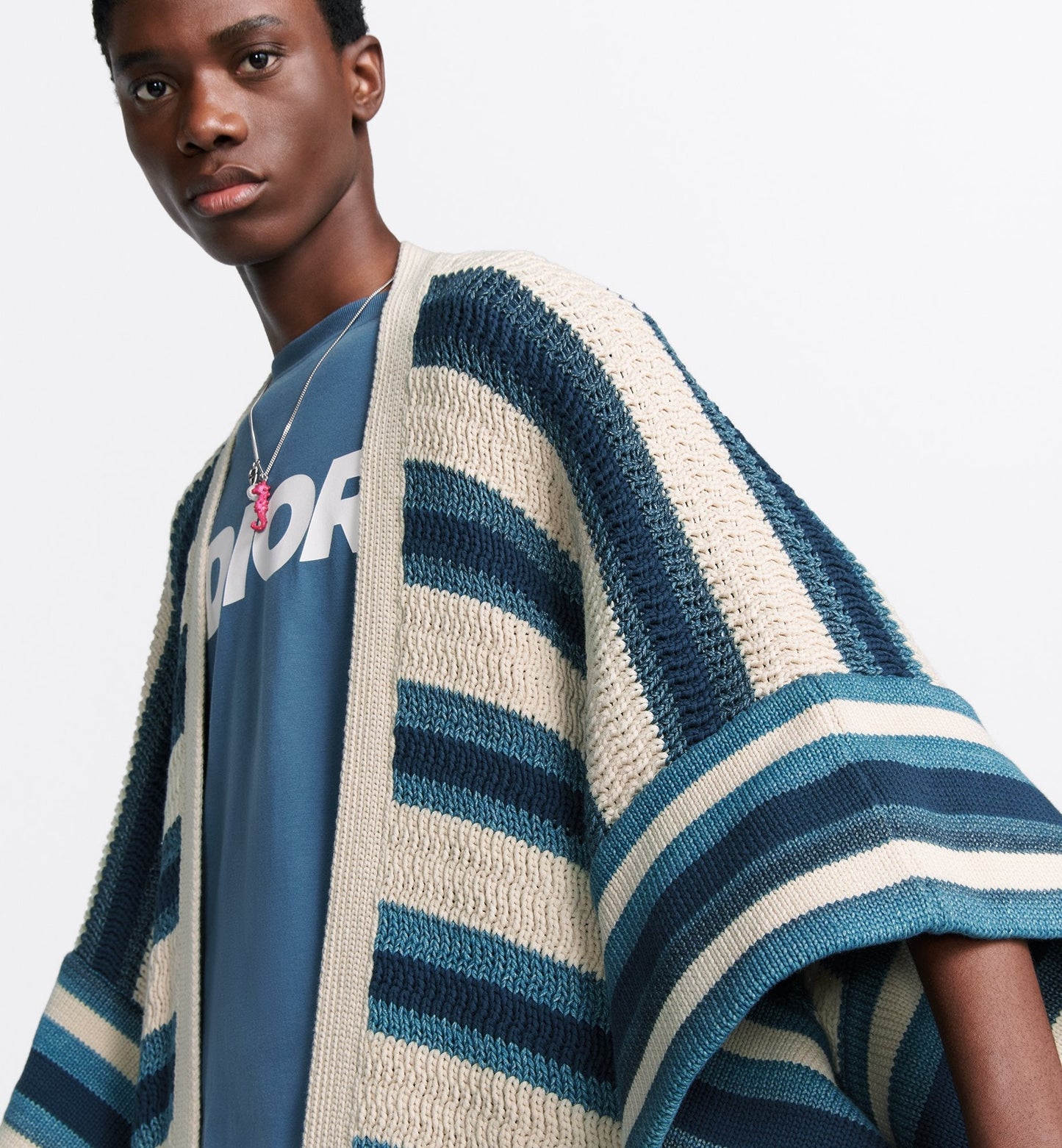 Luxury Dior And Parley Poncho Blue And Beige Striped Parley Ocean Plastic® Cotton-Blend Knit