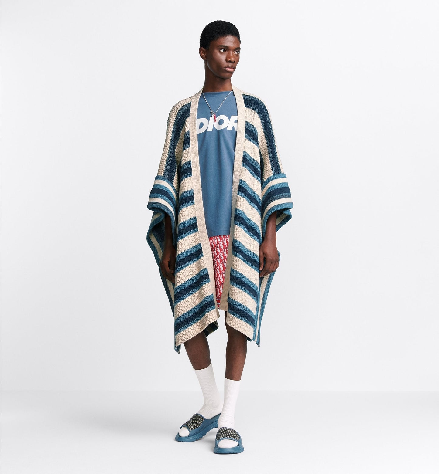 Luxury Dior And Parley Poncho Blue And Beige Striped Parley Ocean Plastic® Cotton-Blend Knit