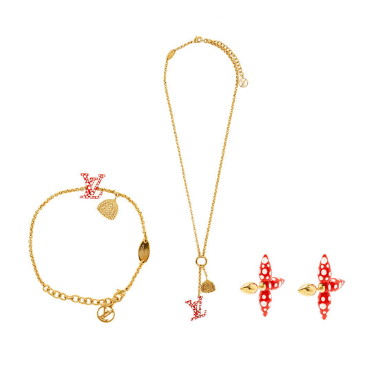 Louis Vuitton x Yayoi Kusama Infinity Dots with Pumpkin Charm Necklace, Bracelet, Earrings Red Gold Tone (Sell in a set)