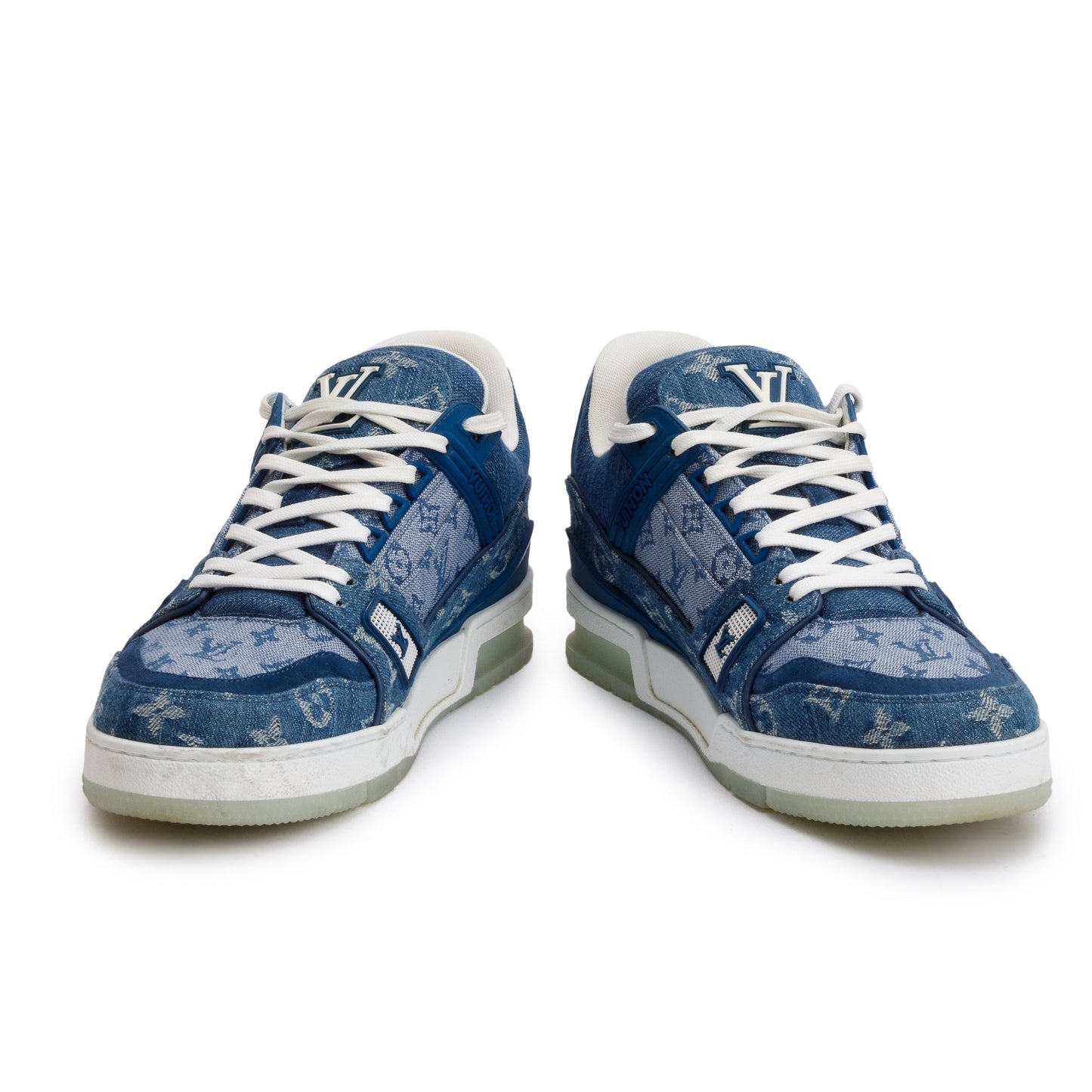Louis Vuitton 2020 Blue Monogram Denim Calfskin LV Trainer Sneakers, Size 7.5