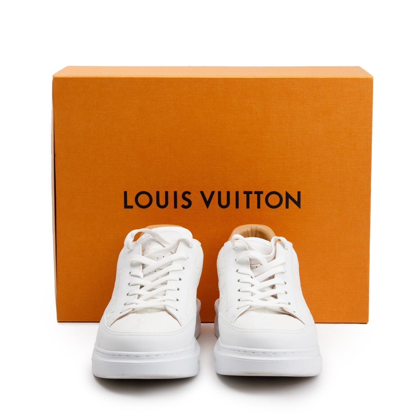 Louis Vuitton 2020 White Monogram Embosssed Leather Beverly Hills Sneakers, Size 6.5