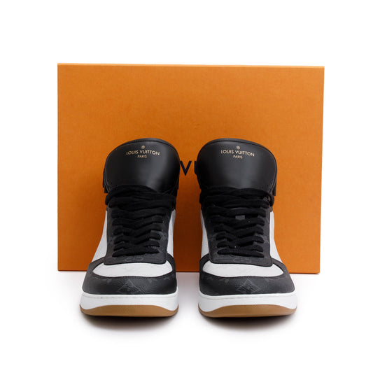 Louis Vuitton 2021 Black Leather Iconic Monogram Canvas Rivoli Sneaker Boots, Size 11