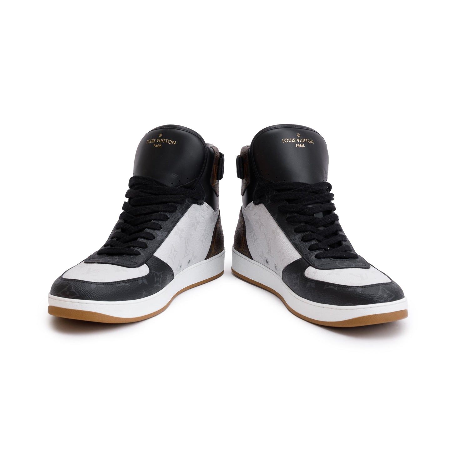 Louis Vuitton 2021 Black Leather Iconic Monogram Canvas Rivoli Sneaker Boots, Size 11