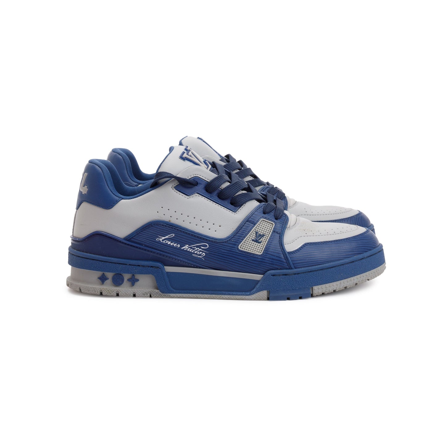 Louis Vuitton 2022 Blue/Grey Calfskin LV Trainer Sneakers, Size 7.5