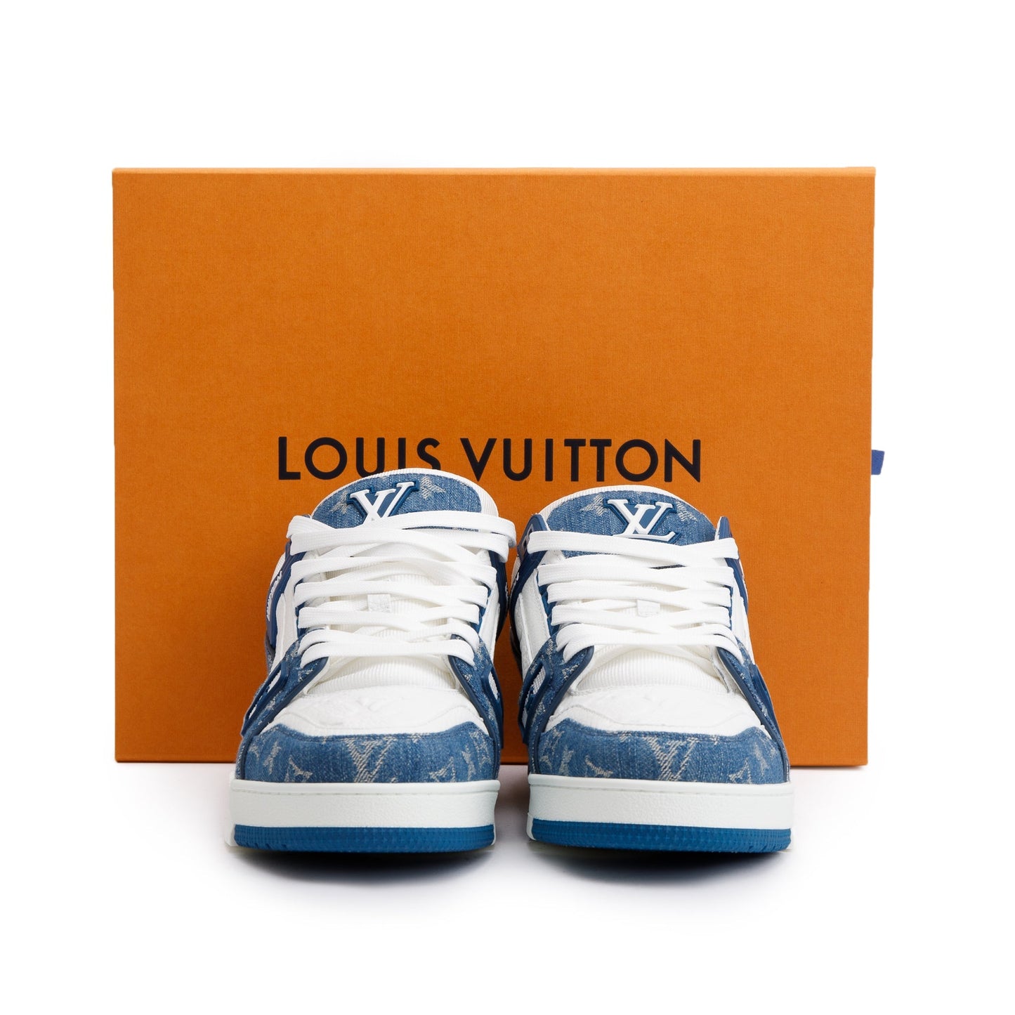 Louis Vuitton 2022 Blue/White Denim Calfskin LV Trainer Sneakers, Size 10