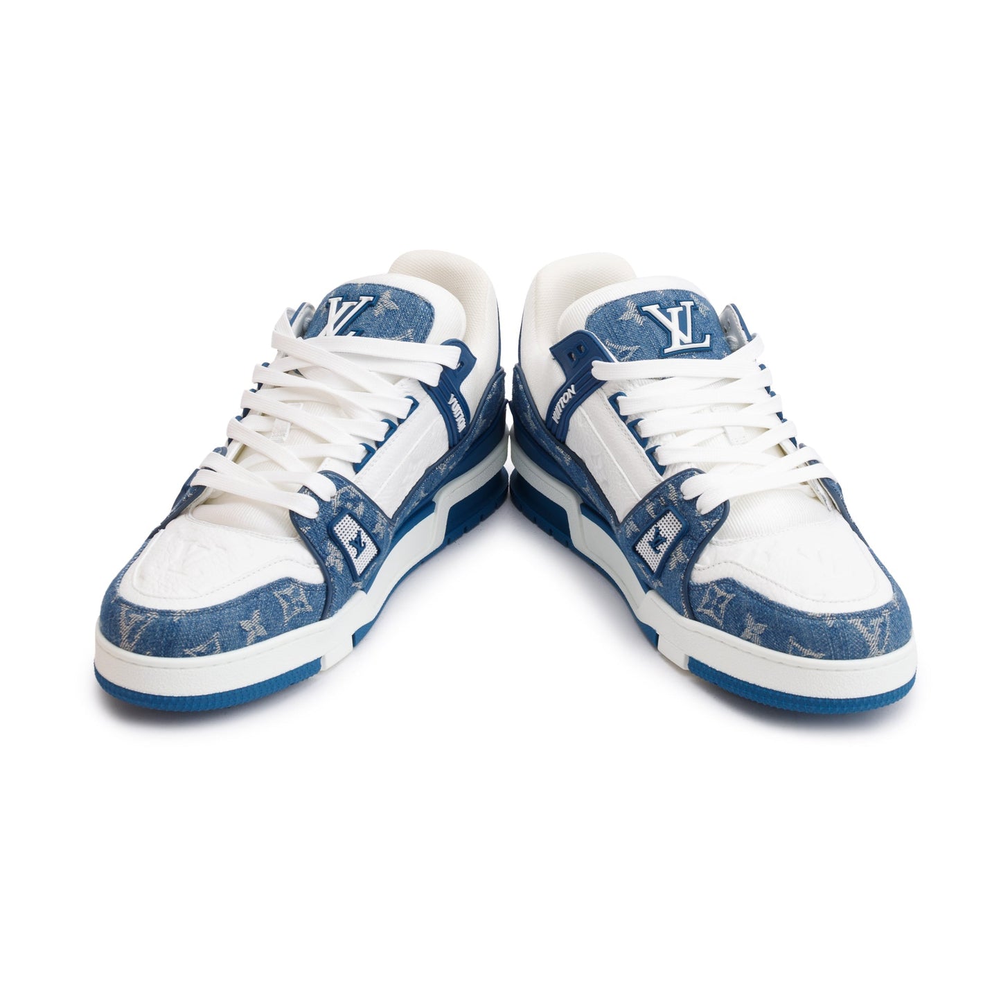 Louis Vuitton 2022 Blue/White Denim Calfskin LV Trainer Sneakers, Size 10