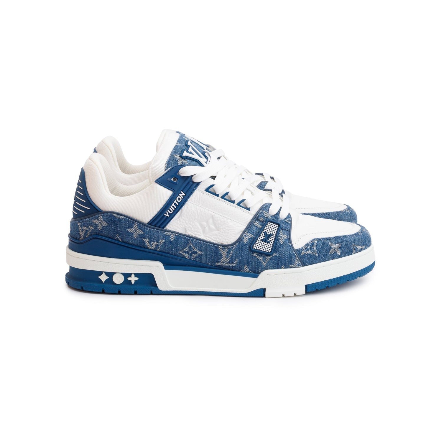 Louis Vuitton 2022 Blue/White Denim Calfskin LV Trainer Sneakers, Size 10