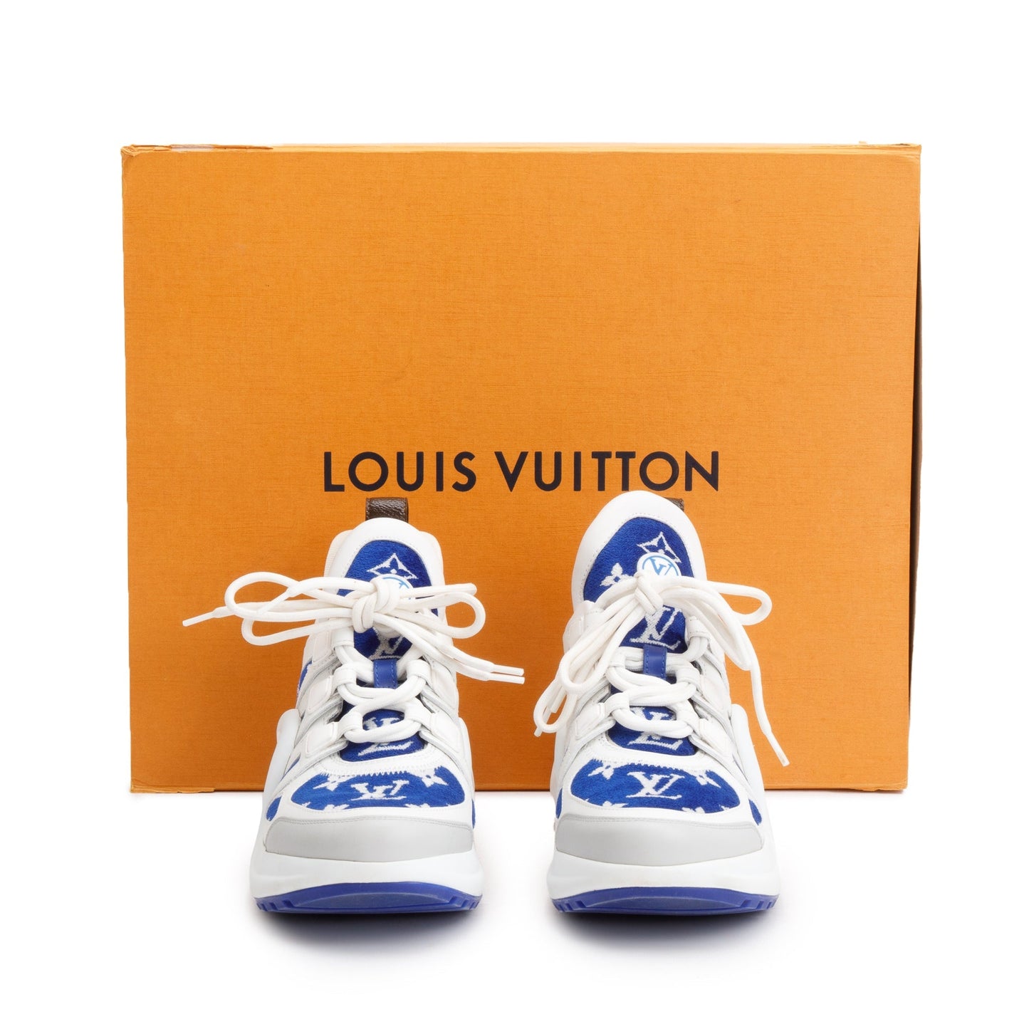 Louis Vuitton 2022 White/Blue Monogram Velvet & Leather LV Archlight Sneakers, Size 37