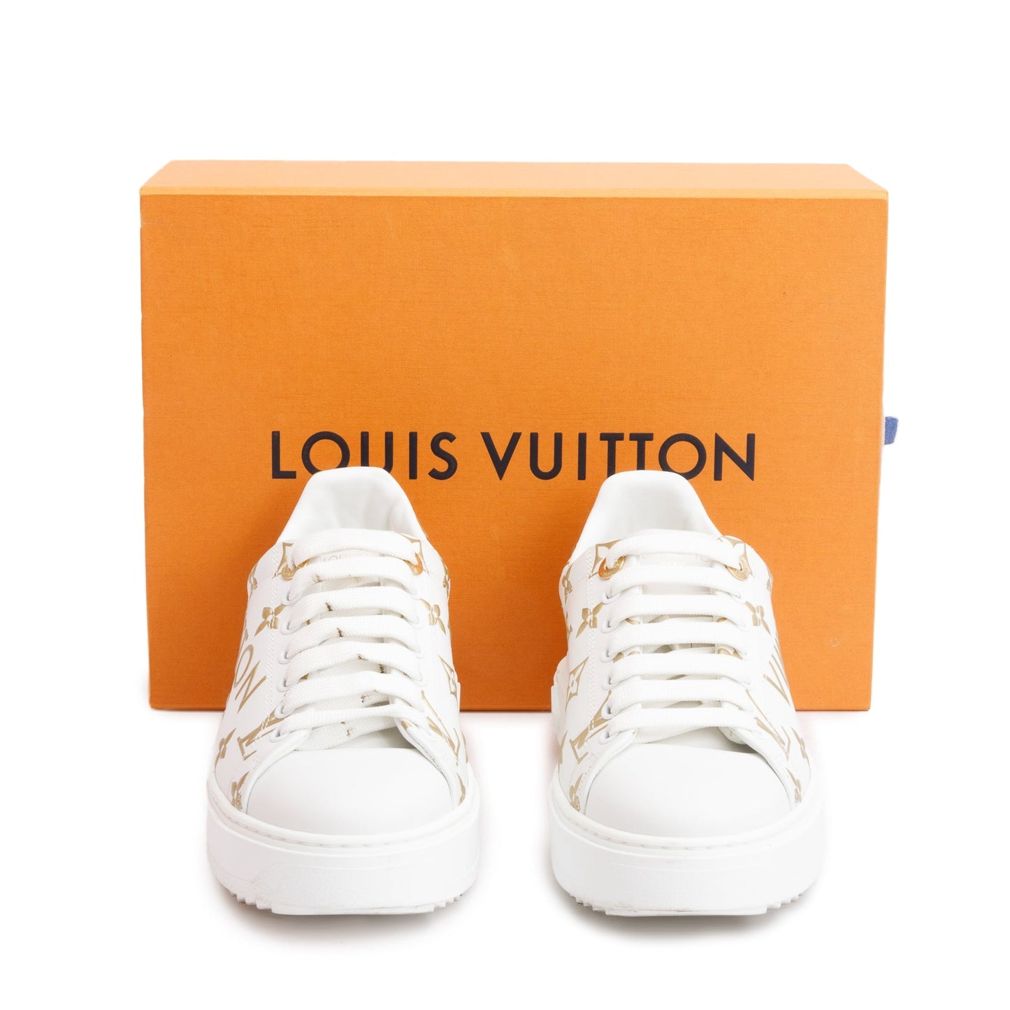 Louis Vuitton 2022 White/Gold Monogram Debosssed Leather Time Out Sneakers, Size 36.5