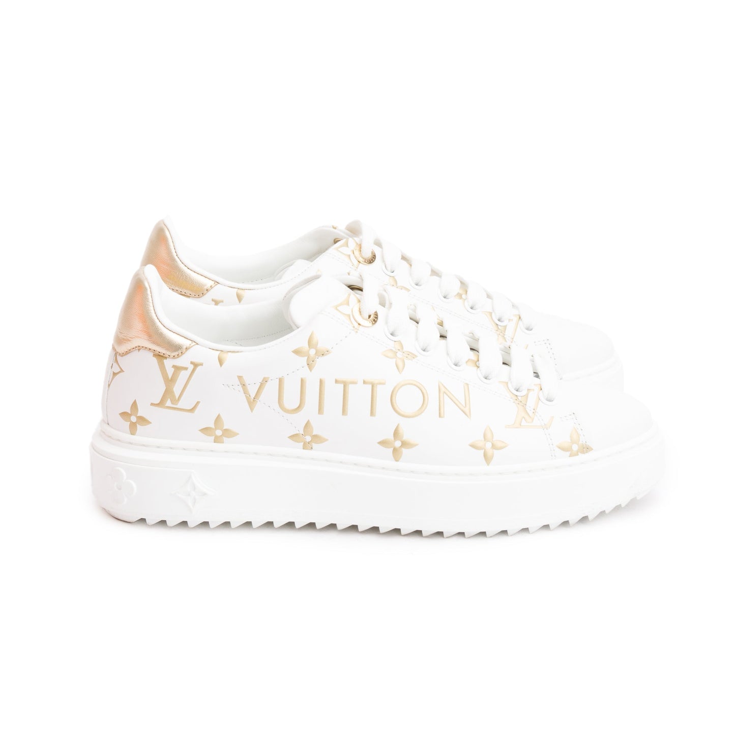 Louis Vuitton 2022 White/Gold Monogram Debosssed Leather Time Out Sneakers, Size 36.5