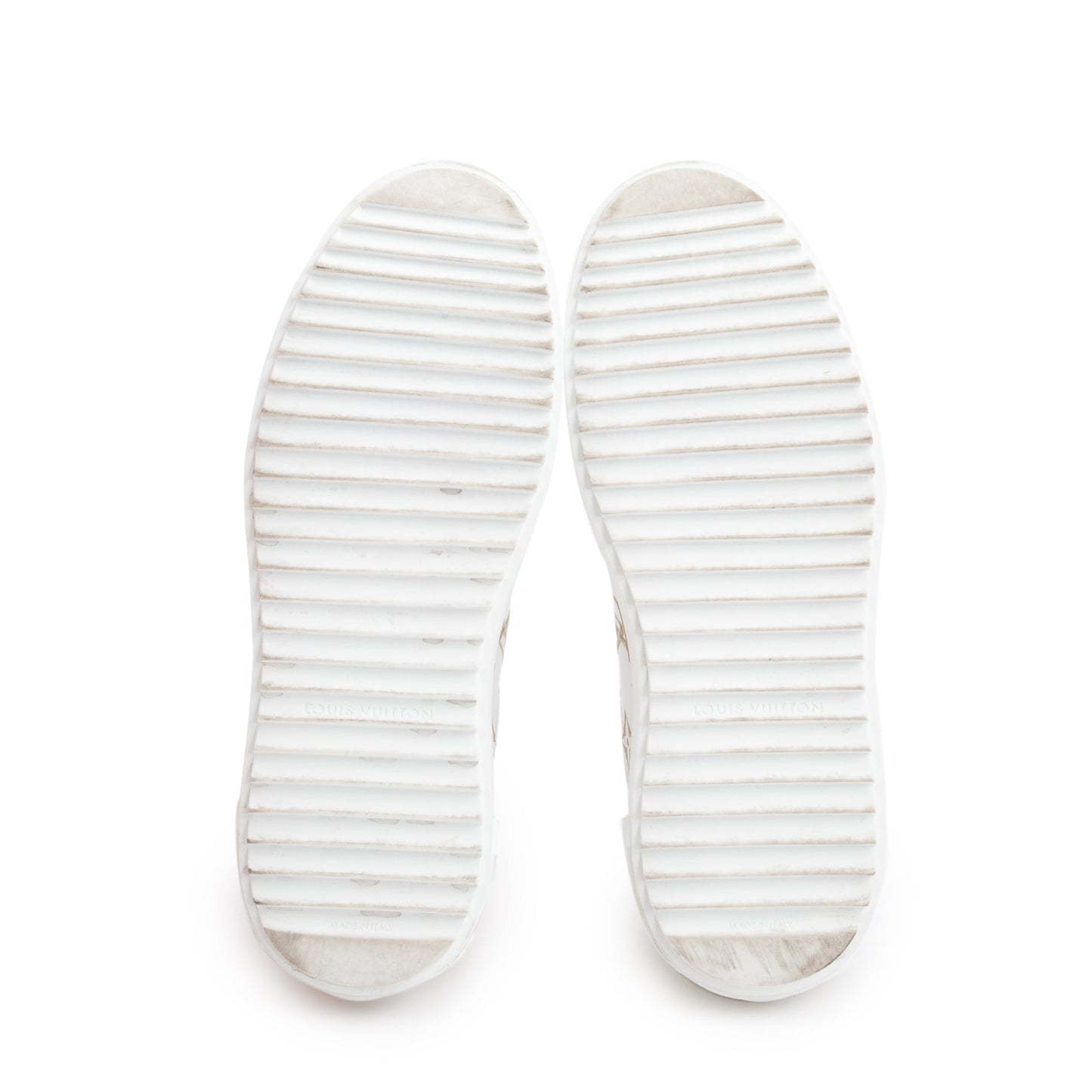 Louis Vuitton 2022 White/Gold Monogram Debosssed Leather Time Out Sneakers, Size 36.5
