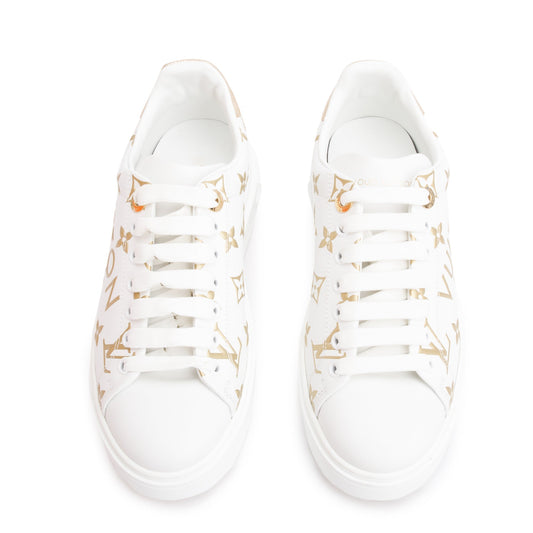 Louis Vuitton 2022 White/Gold Monogram Debosssed Leather Time Out Sneakers, Size 36.5