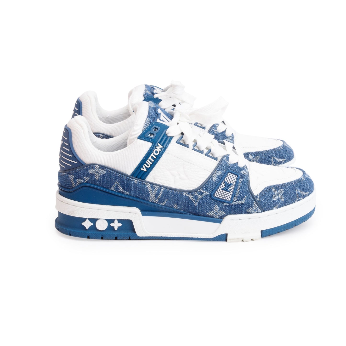 Louis Vuitton 2023 Blue Monogram Denim Calfskin LV Trainer Sneakers, Size 37.5