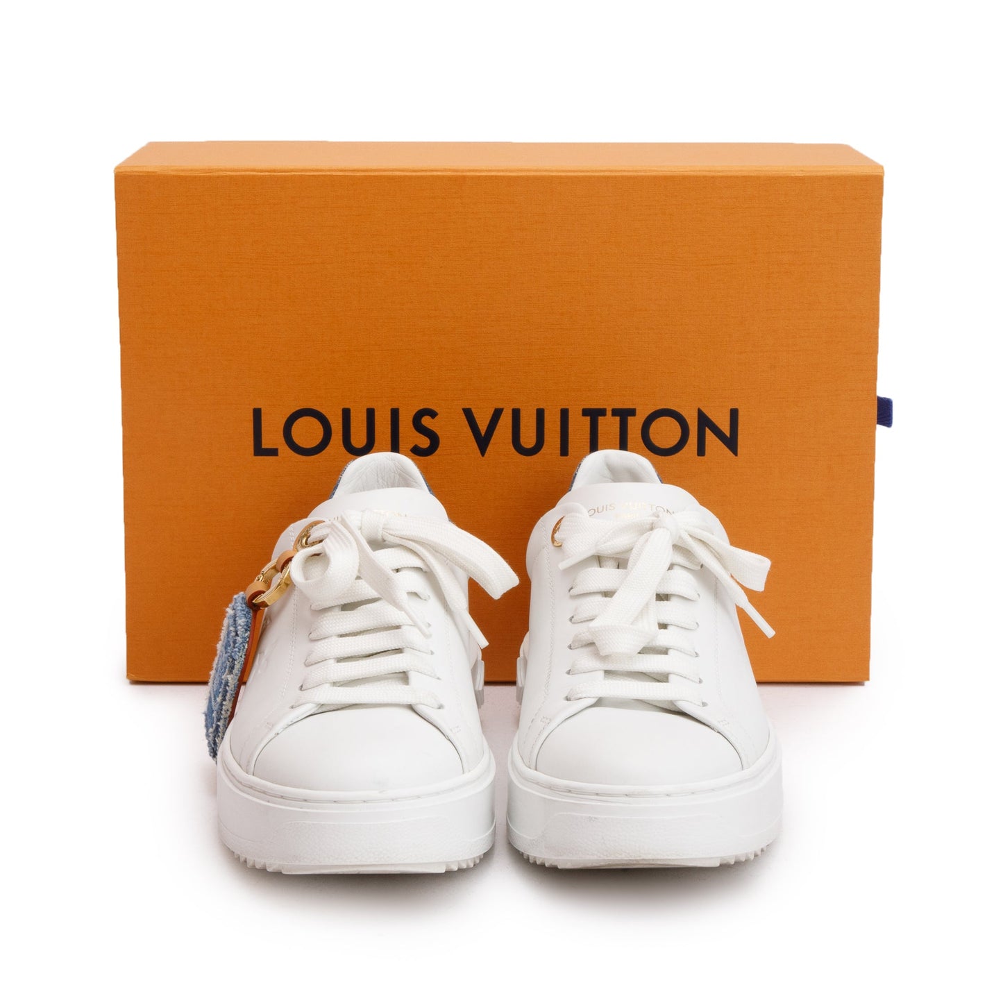 Louis Vuitton 2023 White Monogram Debosssed Leather Denim Trim Time Out Sneakers, Size 37