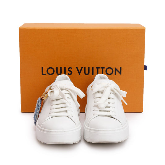 Louis Vuitton 2023 White Monogram Debosssed Leather Denim Trim Time Out Sneakers, Size 37