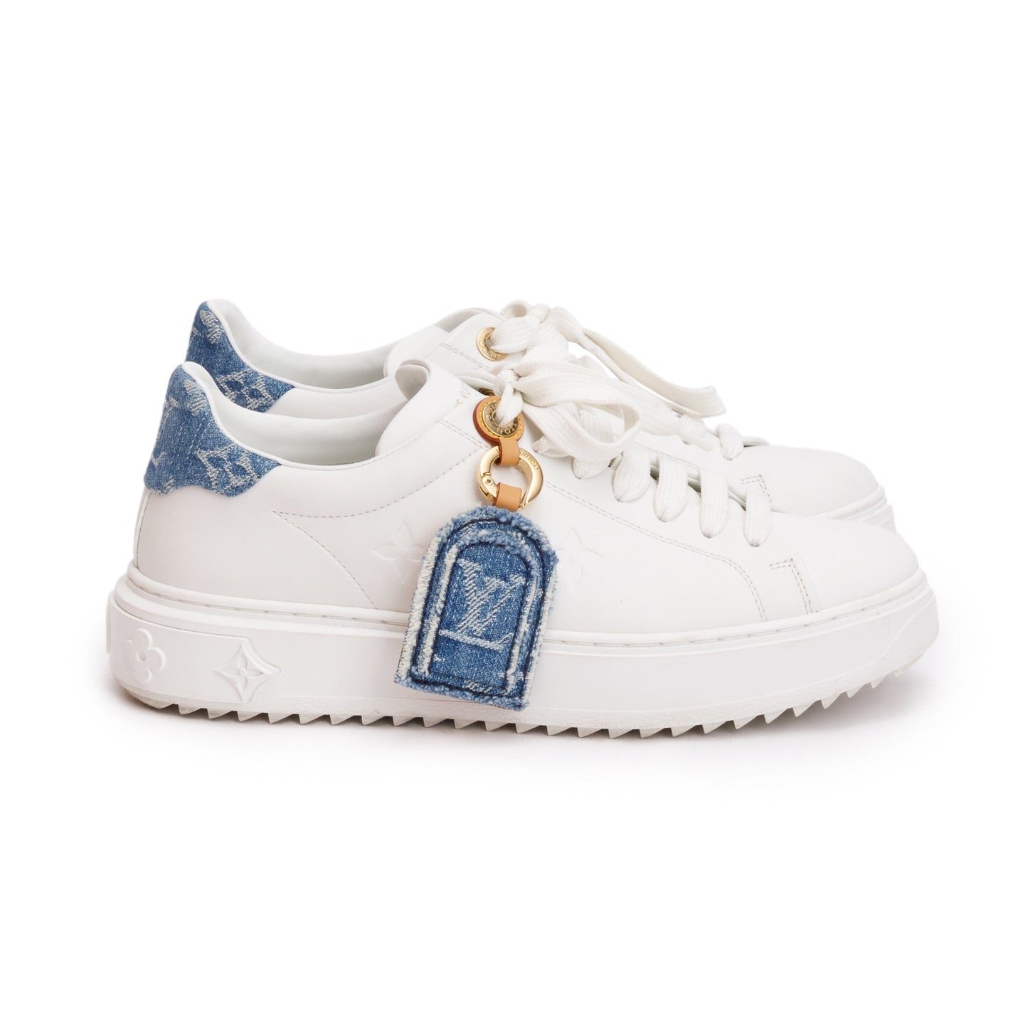 Louis Vuitton 2023 White Monogram Debosssed Leather Denim Trim Time Out Sneakers, Size 37