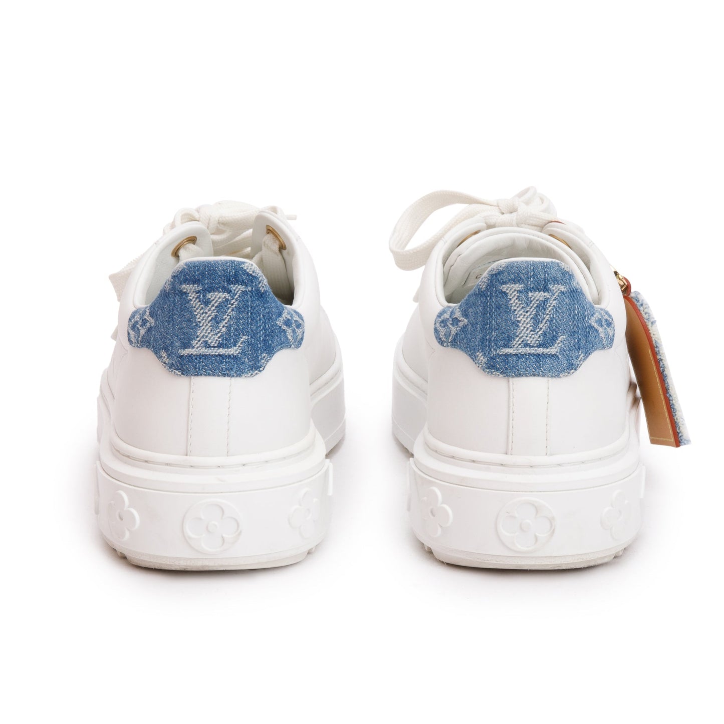 Louis Vuitton 2023 White Monogram Debosssed Leather Denim Trim Time Out Sneakers, Size 37