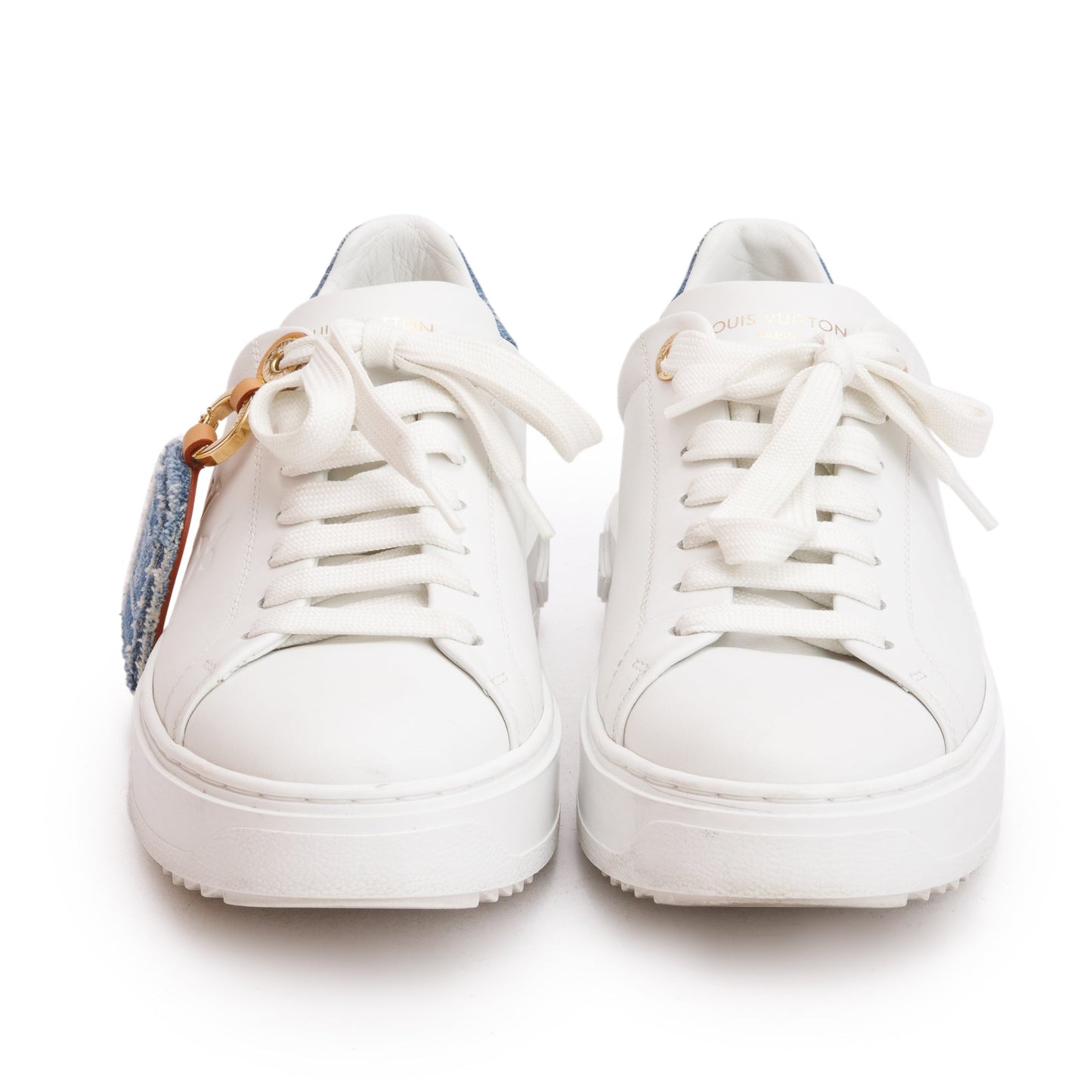 Louis Vuitton 2023 White Monogram Debosssed Leather Denim Trim Time Out Sneakers, Size 37