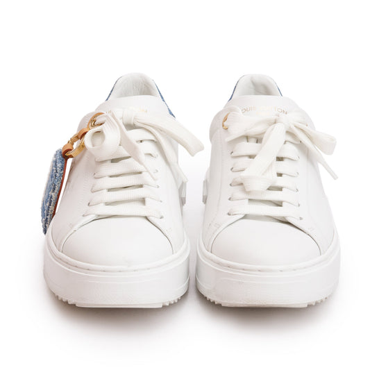 Louis Vuitton 2023 White Monogram Debosssed Leather Denim Trim Time Out Sneakers, Size 37