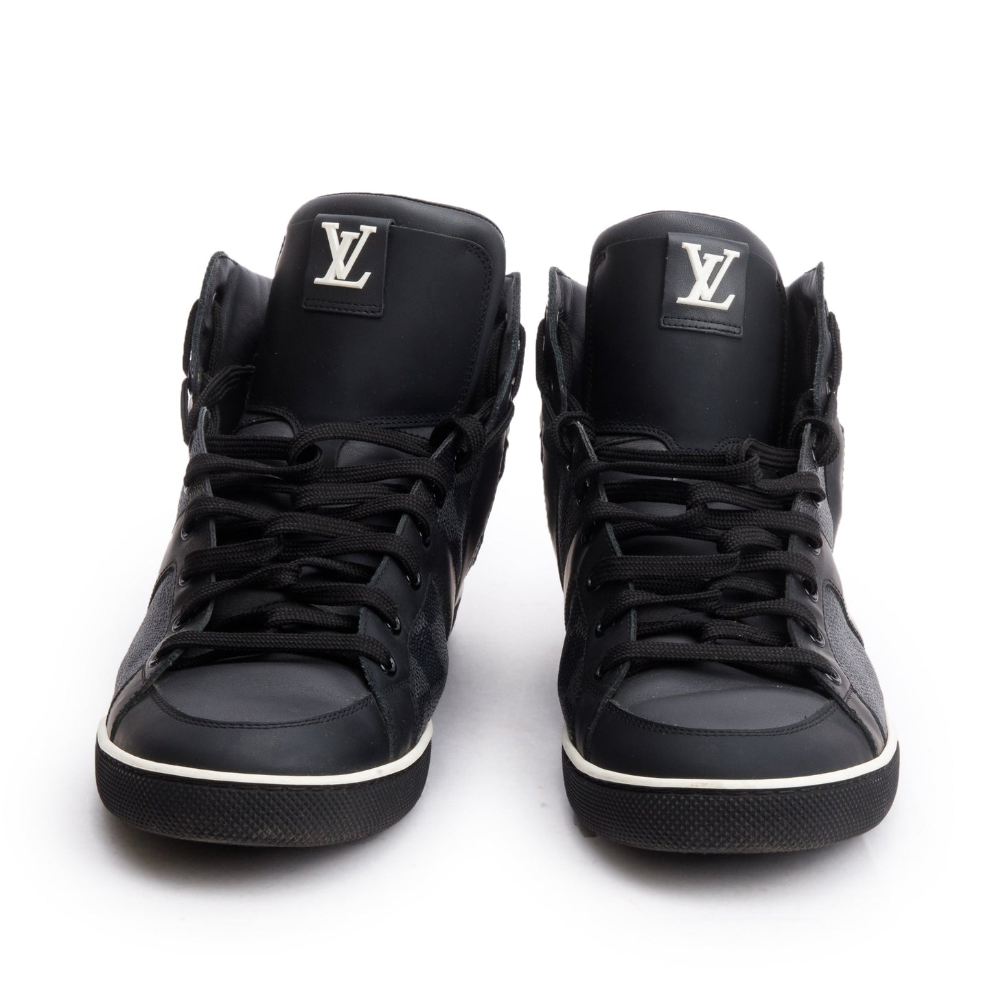 Louis Vuitton Black Leather Damier Graphite Canvas AW2012 High-Top Sneakers, Size 8.5