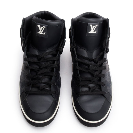 Louis Vuitton Black Leather Damier Graphite Canvas AW2012 High-Top Sneakers, Size 8.5
