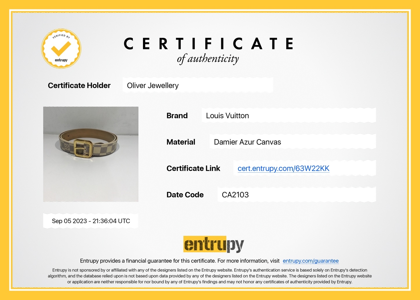Louis Vuitton Damier Azur Tresor 30MM Belt, Size 85 34