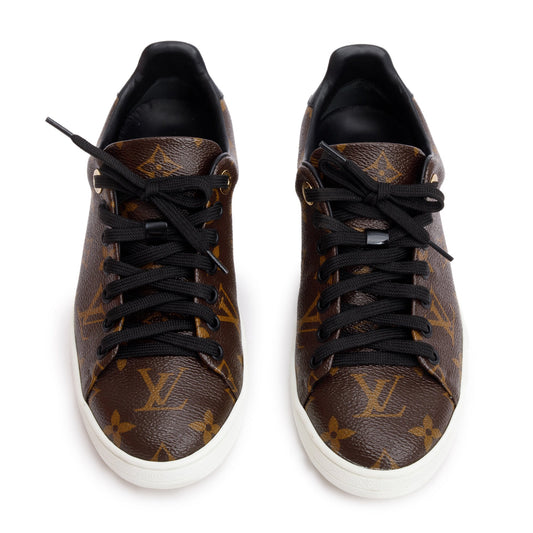 Louis Vuitton Monogram Canvas Black Patent Leather Frontrow Sneakers, Size 36