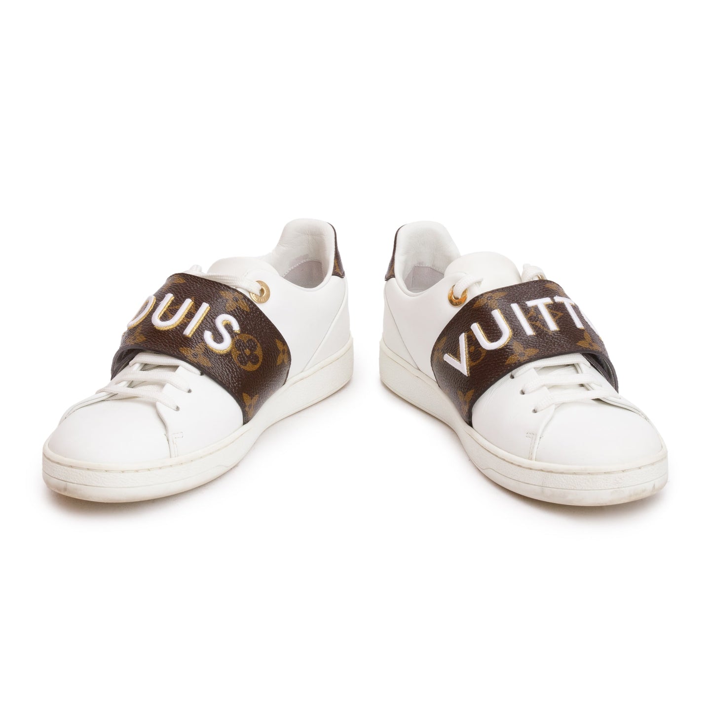 Louis Vuitton White Calfskin Leather Monogram Canvas Frontrow Sneakers, Size 36
