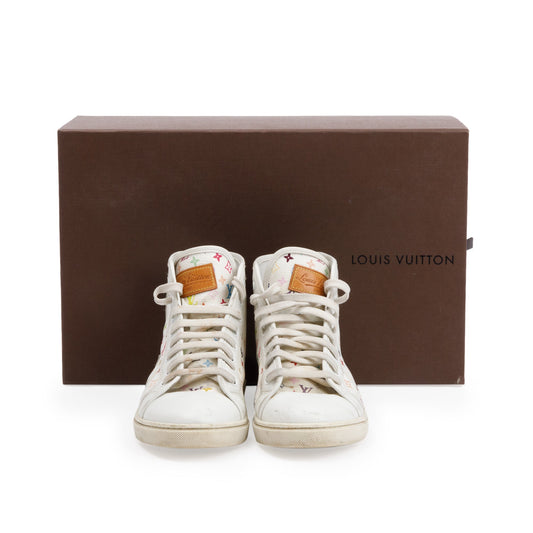 Louis Vuitton White Monogram Multicolor High Top Sneakers, Size 37