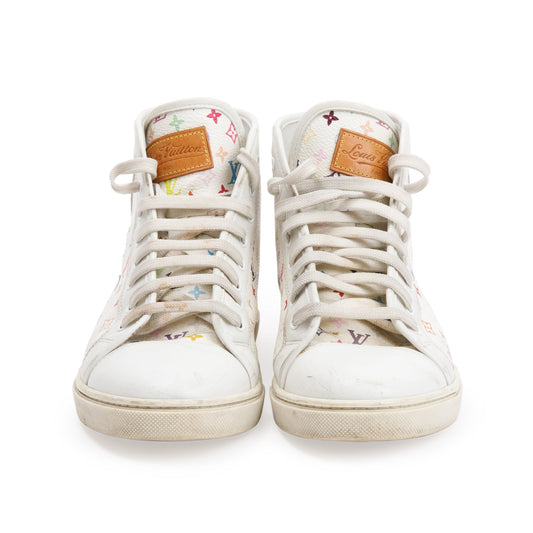 Louis Vuitton White Monogram Multicolor High Top Sneakers, Size 37