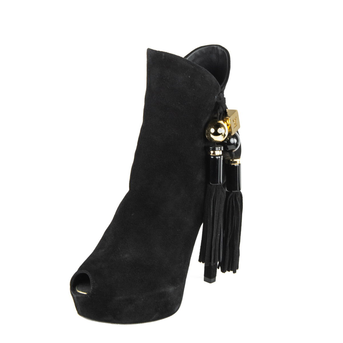 Louis Vuitton Black Suede Tassel Peep Toe Ankle Boots Size US 11 | EU 41