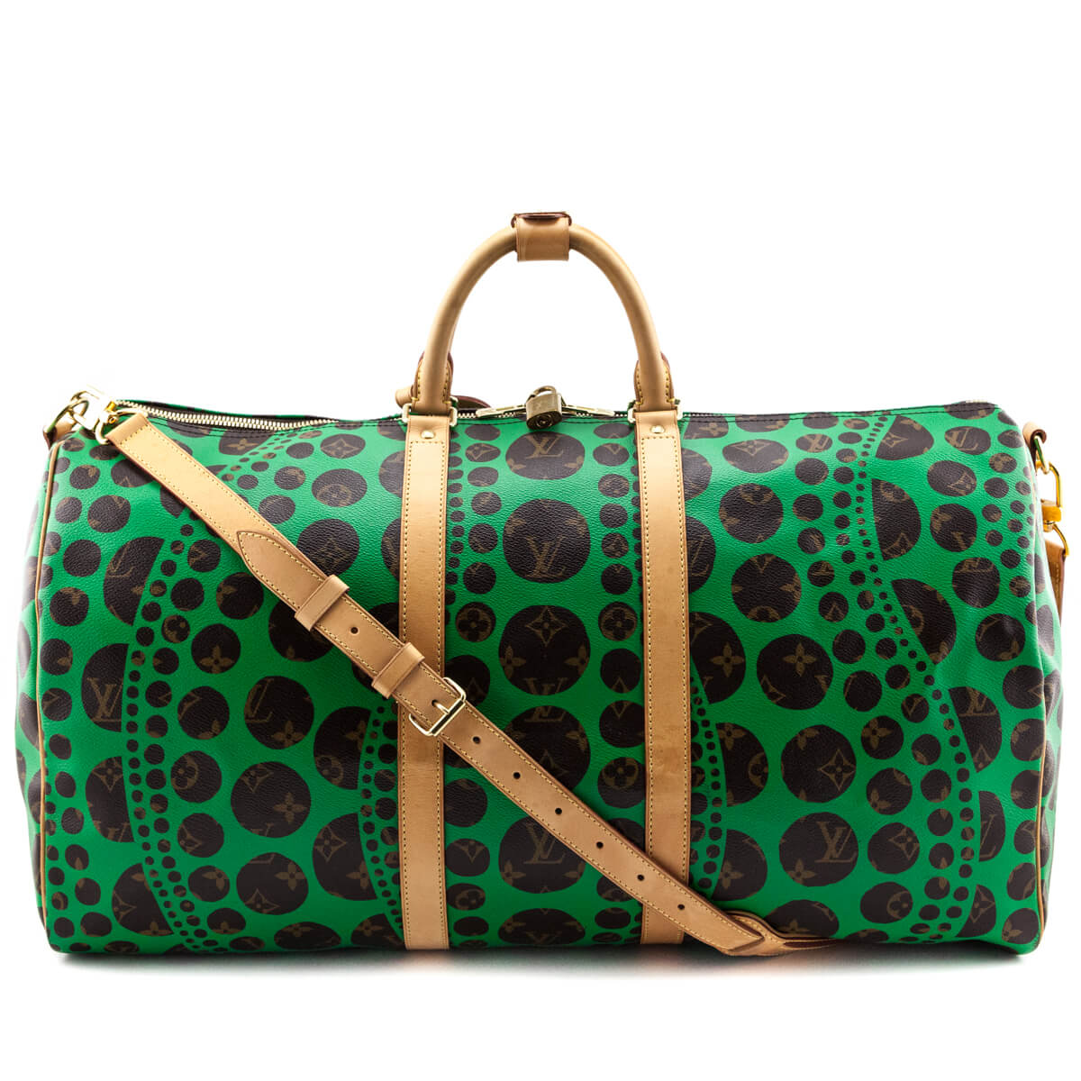 Louis Vuitton Monogram Green Kusama Pumpkin Dots Keepall Bandouliere 55