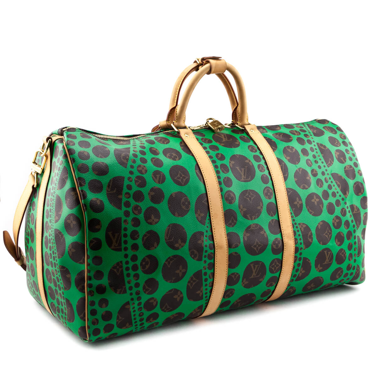 Louis Vuitton Monogram Green Kusama Pumpkin Dots Keepall Bandouliere 55