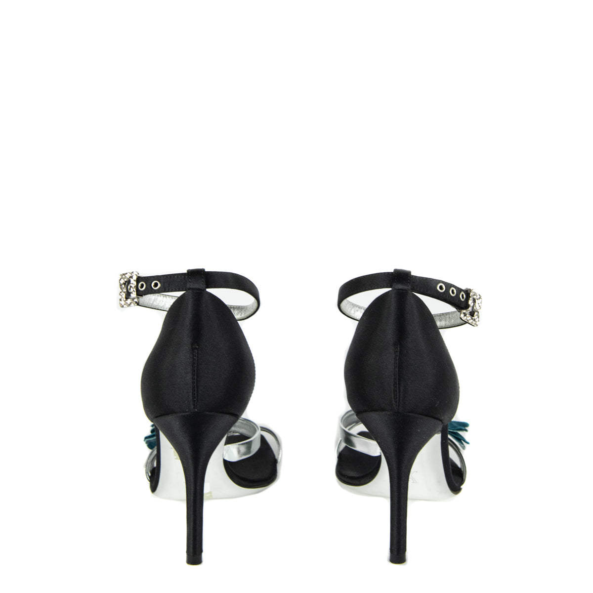 Louis Vuitton Black Satin & Blue Floral Embellished Sandals Size 6 | EU 36
