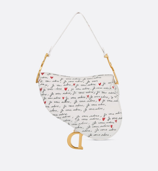 Luxury Dioramour Saddle Bag With Strap White Calfskin With Black And Red Je Vous Adore Print