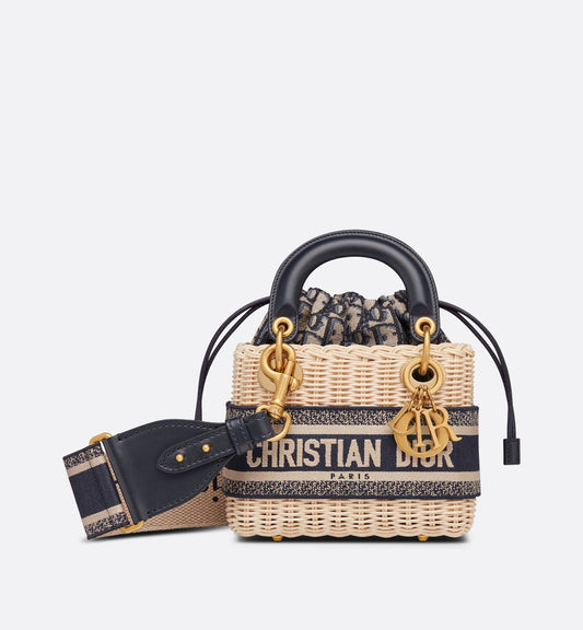 Mini Lady Luxury Dior Bag Natural Wicker And Blue Luxury Dior Oblique Jacquard