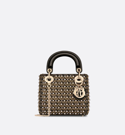Mini Lady Luxury Dior Bag Cotton Embroidered With Resin Pearls, Crystals And Gold-Tone Metallic Thread