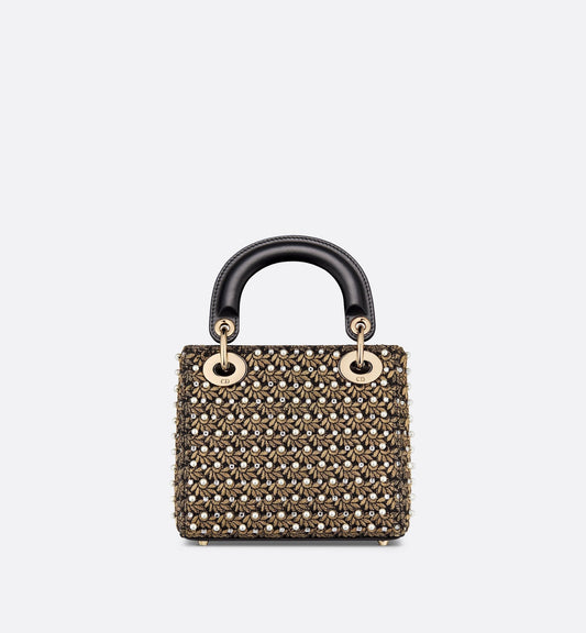 Mini Lady Luxury Dior Bag Cotton Embroidered With Resin Pearls, Crystals And Gold-Tone Metallic Thread