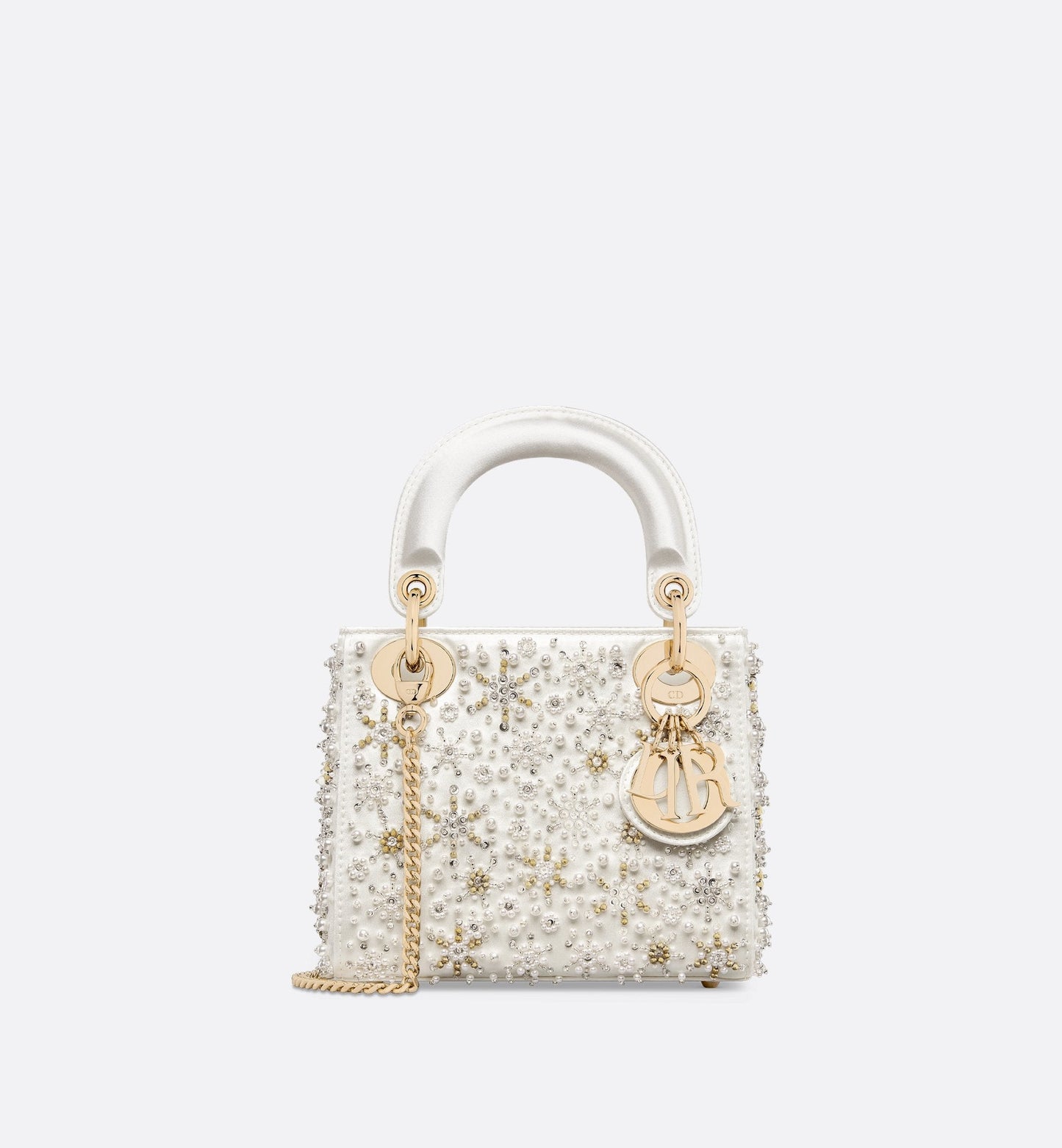 Mini Lady Luxury Dior Bag Latte Satin Embroidered With White Resin Pearls
